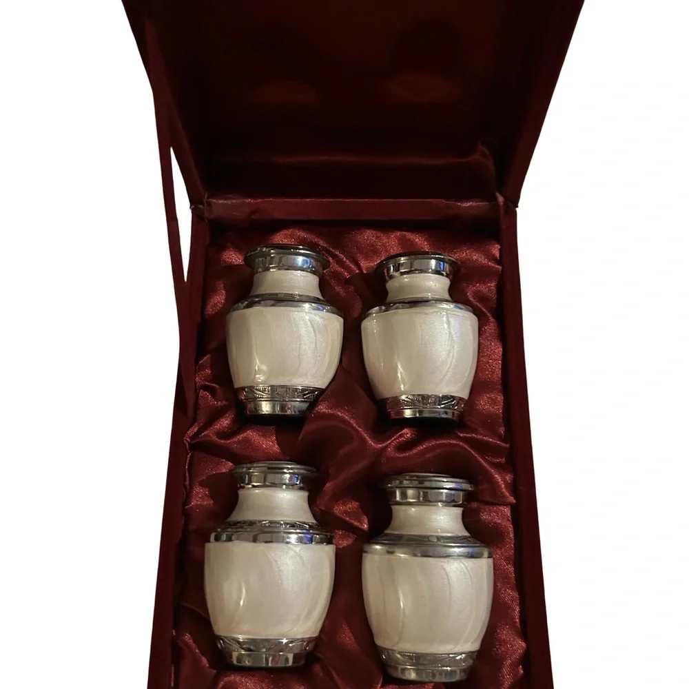 BRAND NEW! Set of 4 Pet Urn White Lacquer Sterling Silver Trim in Red Velvet Box